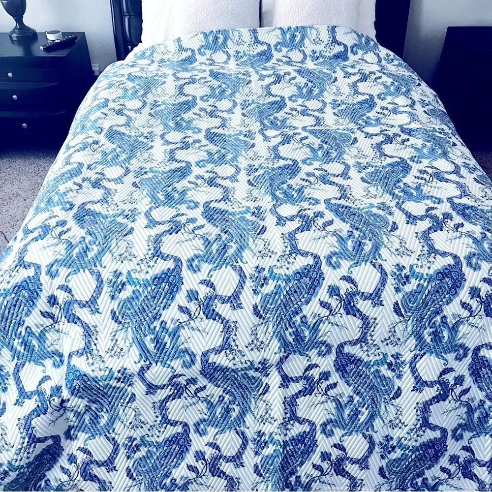 ETRO Home Loures Queen Quilted Bedspread, Paisley White & Blue, NWT
